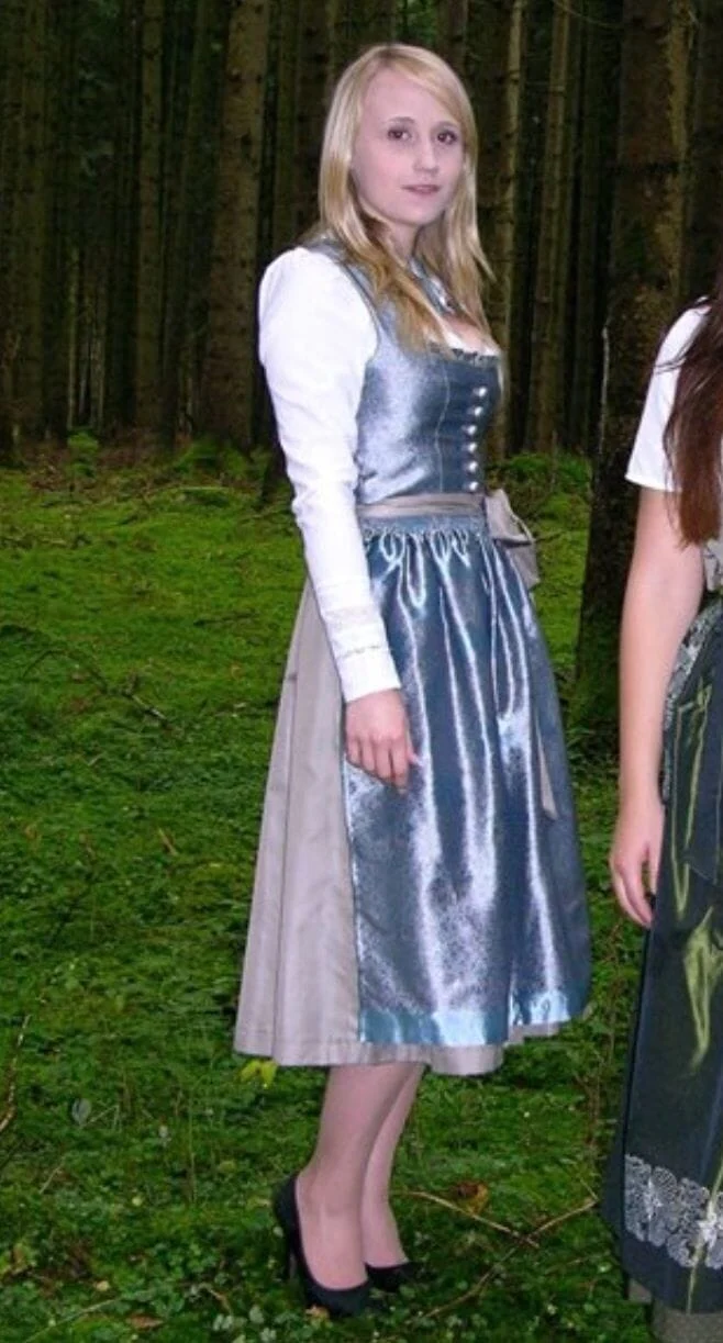 Dirndl Kleid Wenger aqua, taupe, gold Midi 70 cm, Gr. 34