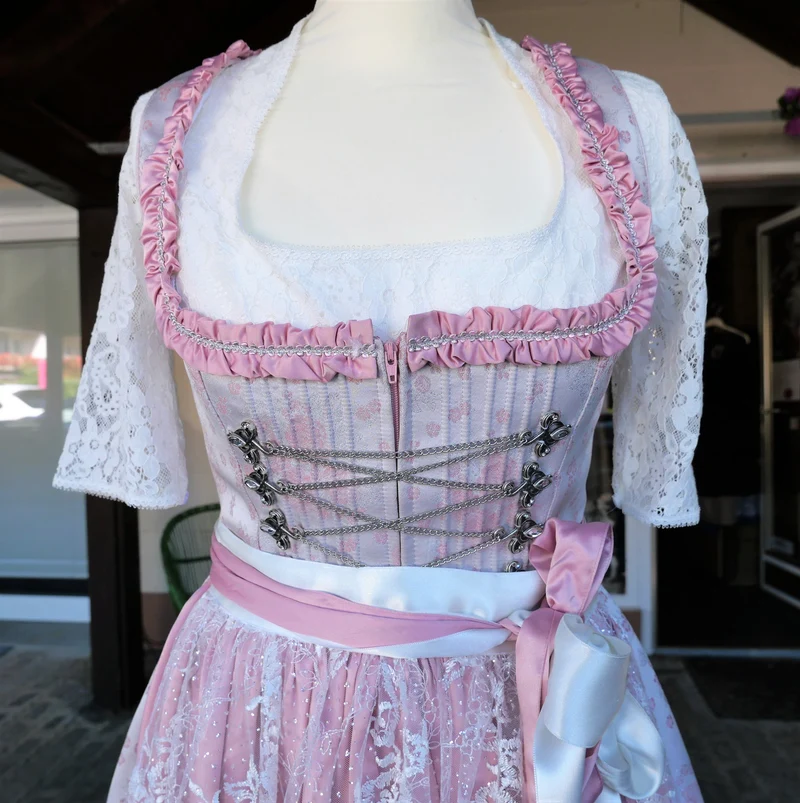 Dirndl Melega, Amidala, Brautdirndl, weiß, rosa, Spitze, Maxi 80 cm, Gr. 34