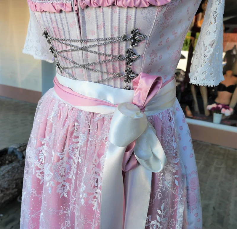 Dirndl Melega, Amidala, Brautdirndl, weiß, rosa, Spitze, Maxi 80 cm, Gr. 34