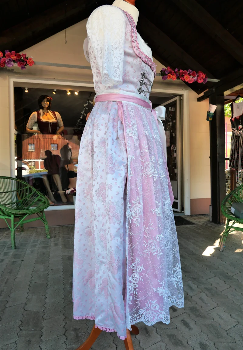 Dirndl Melega, Amidala, Brautdirndl, weiß, rosa, Spitze, Maxi 80 cm, Gr. 34