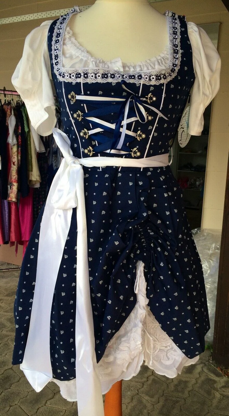 Dirndl Kleid, Marjo, Dolly, blau, weiß, Mini 50 cm, Gr. 34