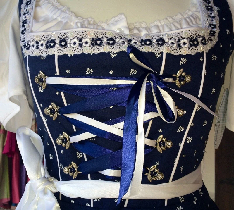 Dirndl Kleid, Marjo, Dolly, blau, weiß, Mini 50 cm, Gr. 34