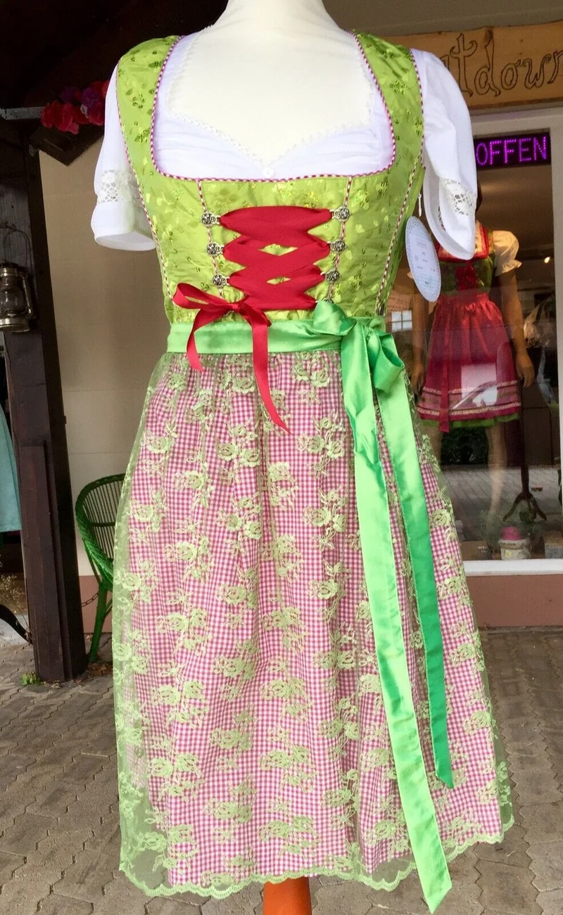 Dirndl Marjo, Gitta, apfel, rot, grün, Spitze, Midi 55 cm