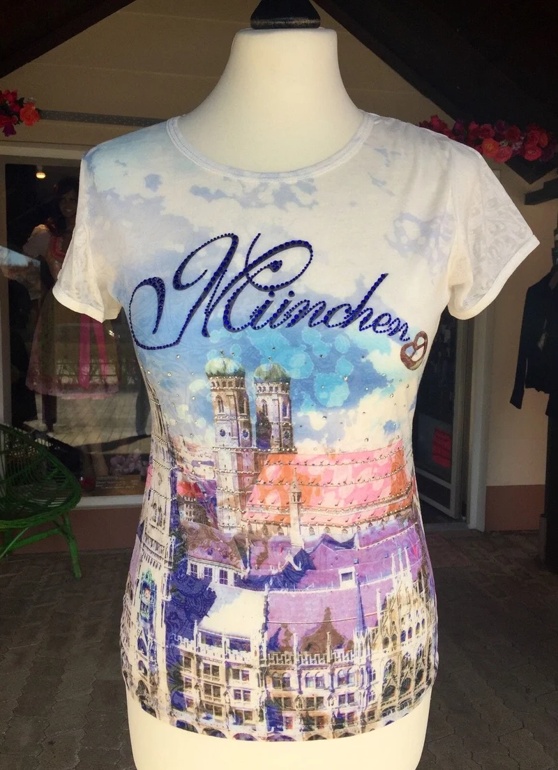 Trachtenshirt, München, Flammgarn, ecru, bunt Stadt