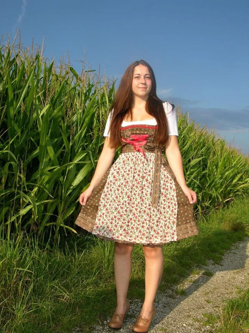 Dirndl Marjo, Baumwolle, braun, creme, Midi, Mini 55 cm