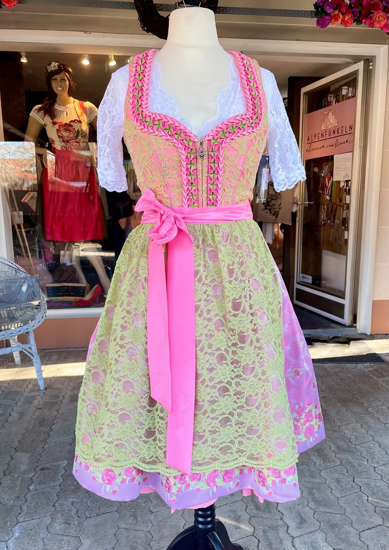 Dirndl Wiesnkönig, Carolina, pink, grün, Spitze Midi 60 cm, Gr. 40