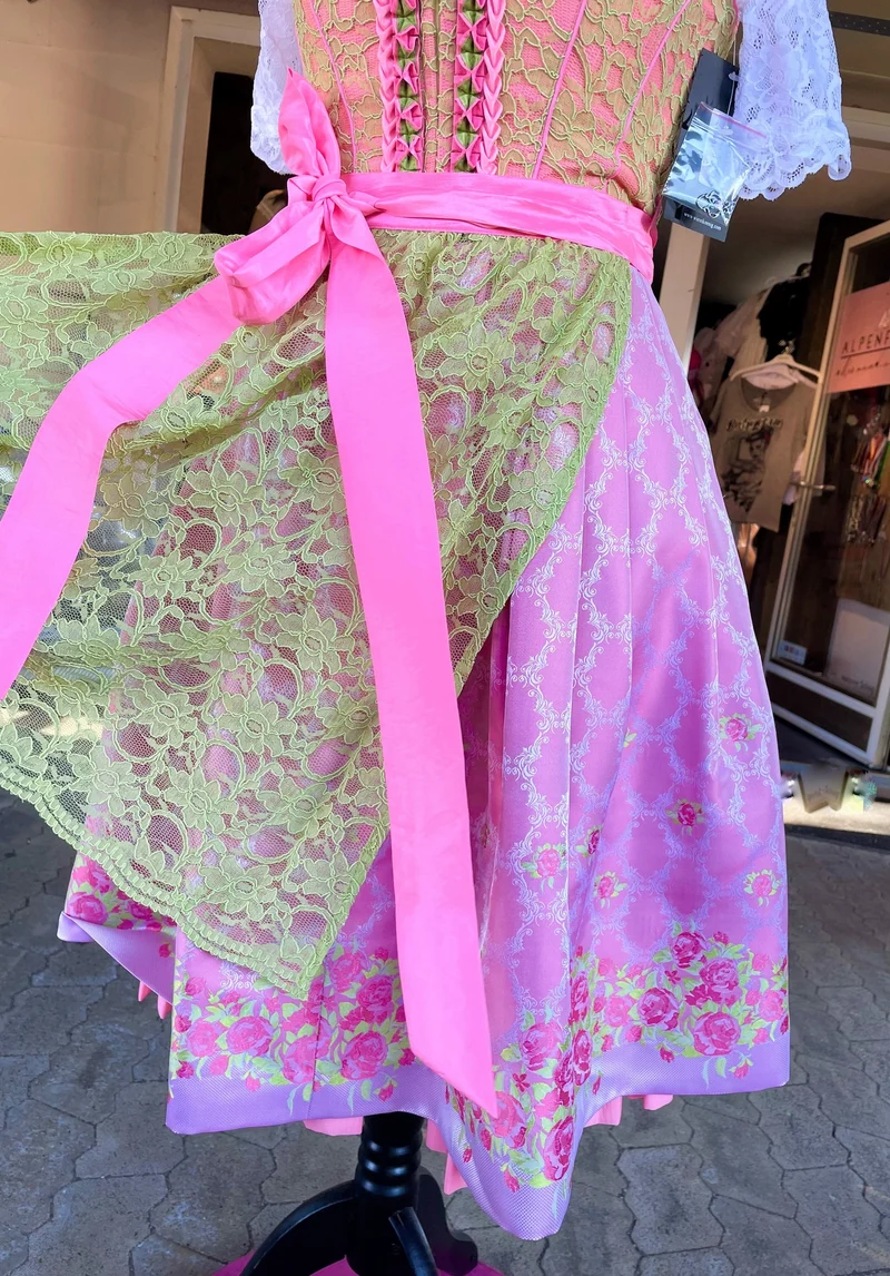 Dirndl Wiesnkönig, Carolina, pink, grün, Spitze Midi 60 cm, Gr. 40