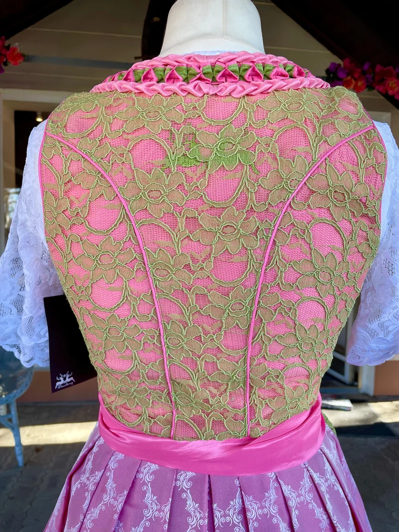 Dirndl Wiesnkönig, Carolina, pink, grün, Spitze Midi 60 cm, Gr. 40