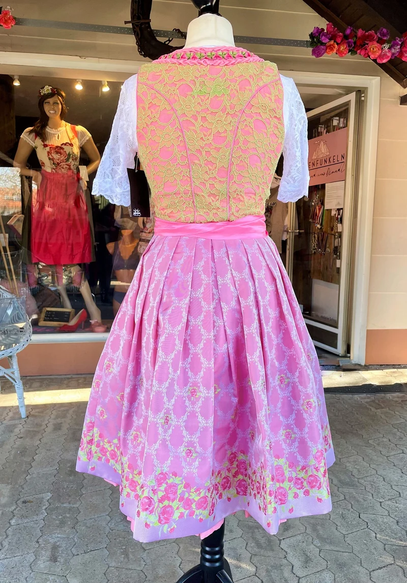 Dirndl Wiesnkönig, Carolina, pink, grün, Spitze Midi 60 cm, Gr. 40