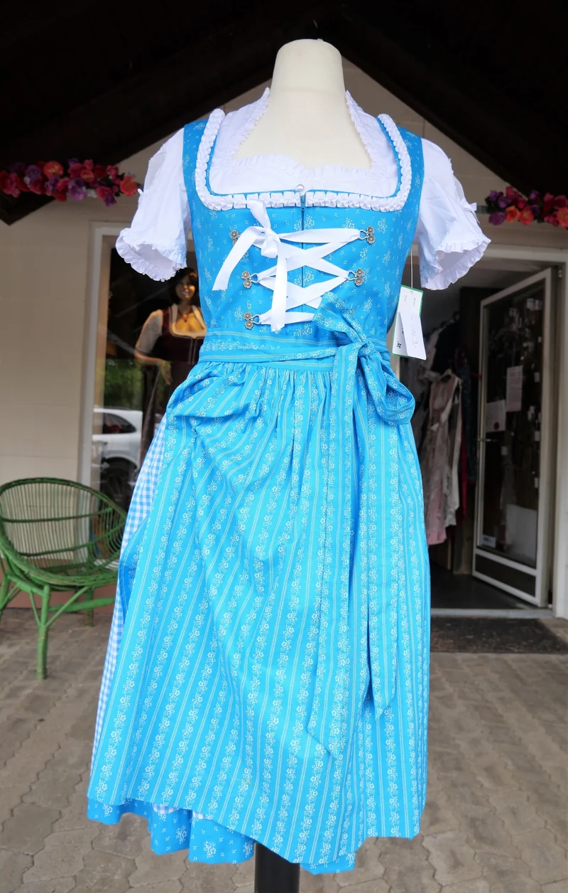 Dirndl Rose, weiß, blau, Midi 60 cm, Gr. 38