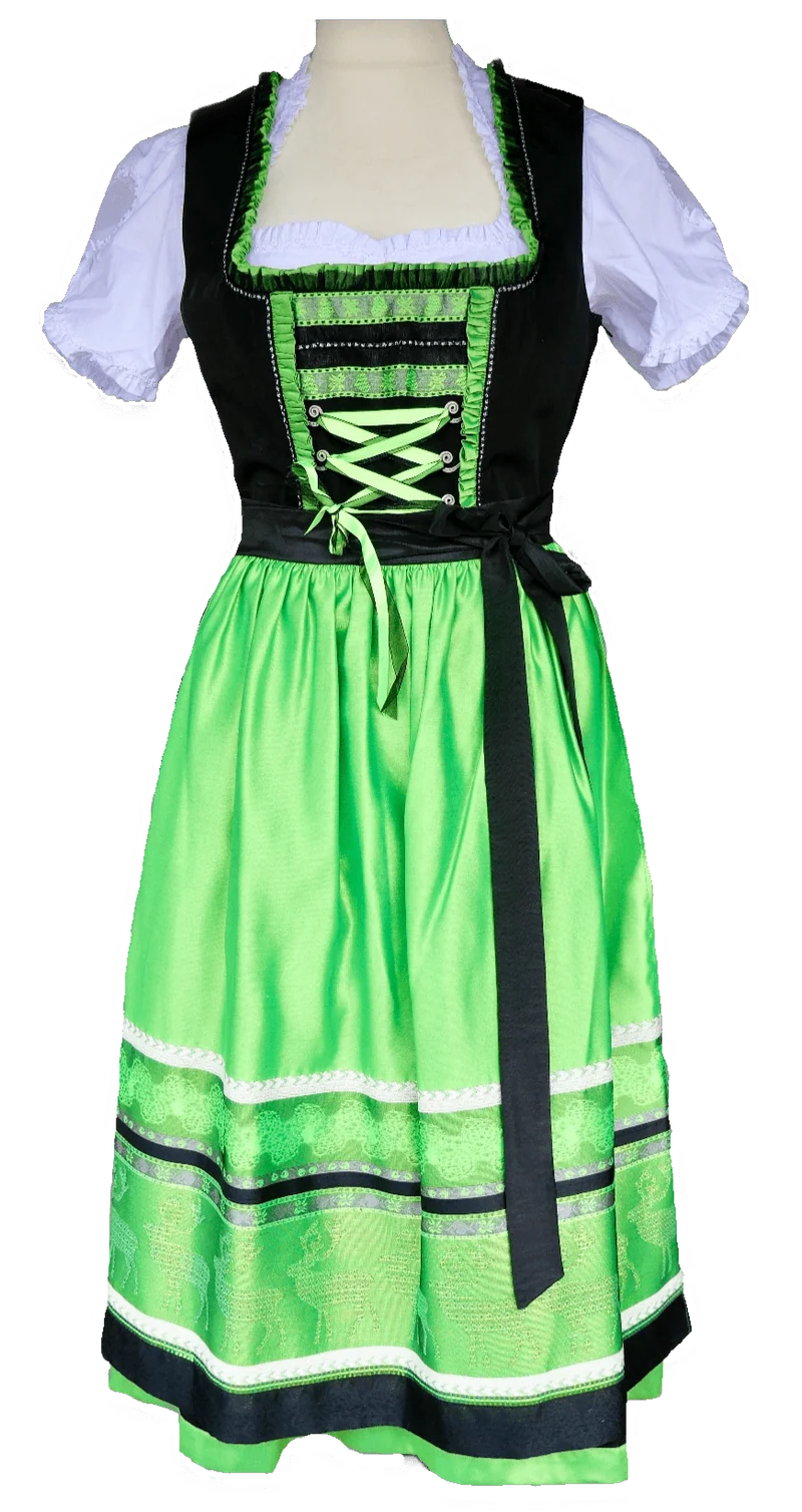 Dirndl Rose, schwarz, neon grün, Midi 70 cm