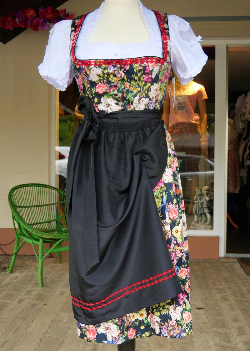 Dirndl Kaiseralm, Sommer, floral, bunt, schwarz, Midi 60 cm