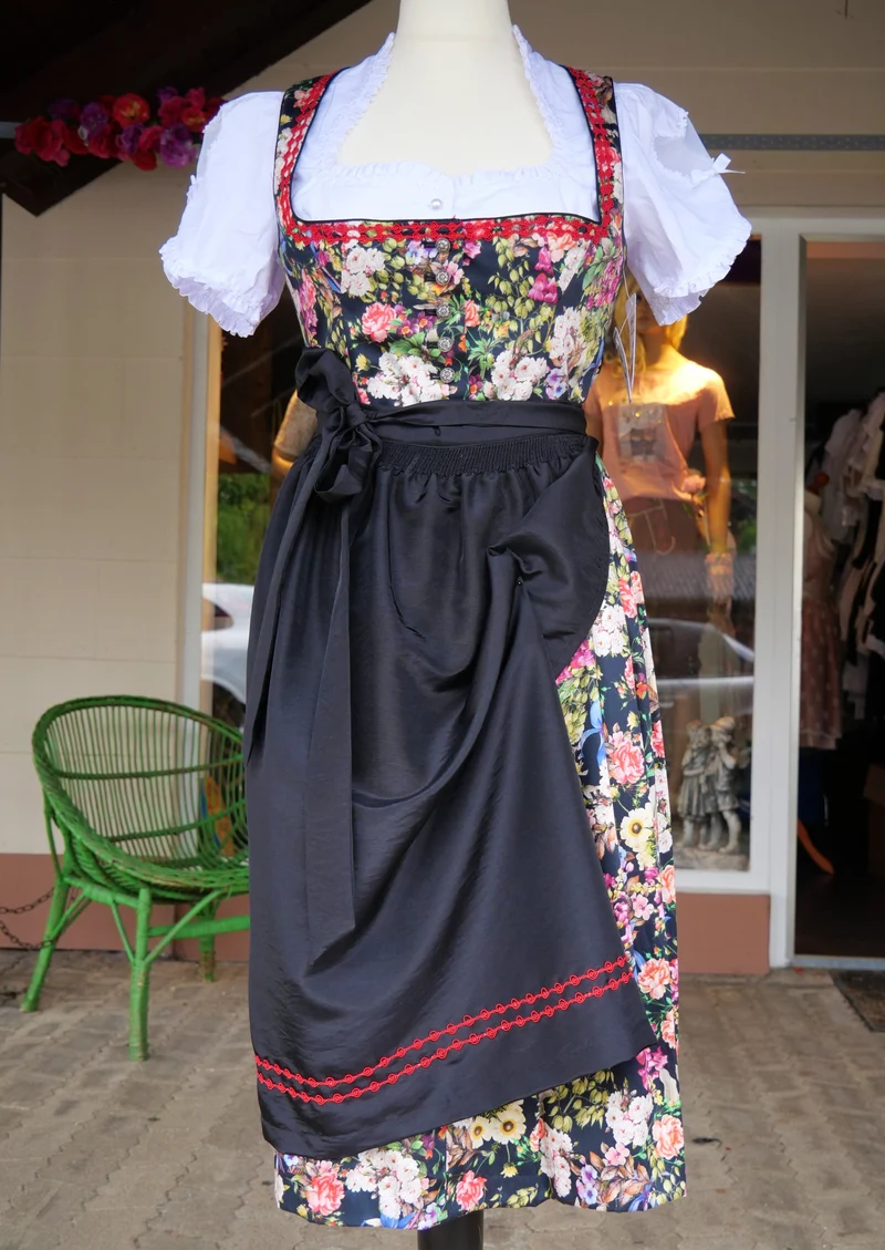 Dirndl Kaiseralm, Sommer, floral, bunt, schwarz, Midi 60 cm