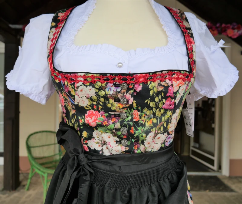 Dirndl Kaiseralm, Sommer, floral, bunt, schwarz, Midi 60 cm