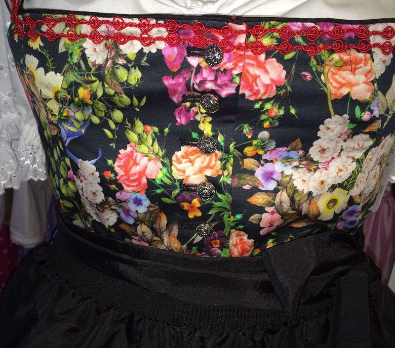 Dirndl Kaiseralm, Sommer, floral, bunt, schwarz, Midi 60 cm