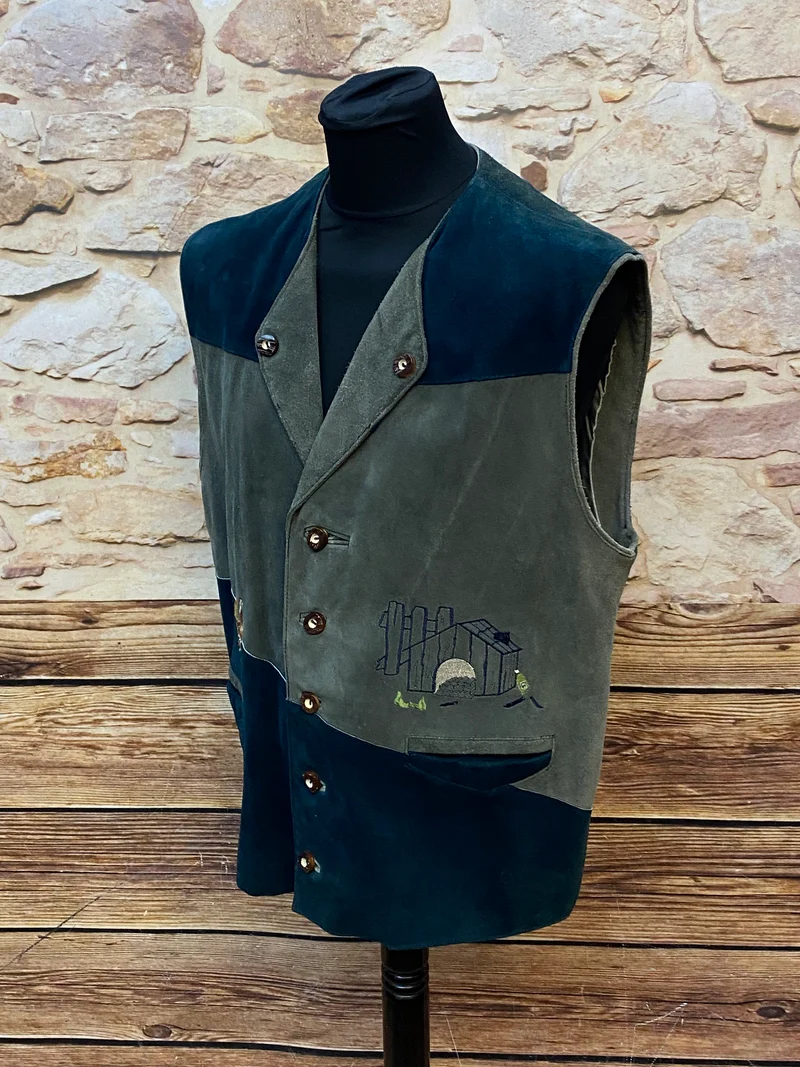 Vintage Trachtenweste Herren Grün Blau Gr. 52 mit Stickerei