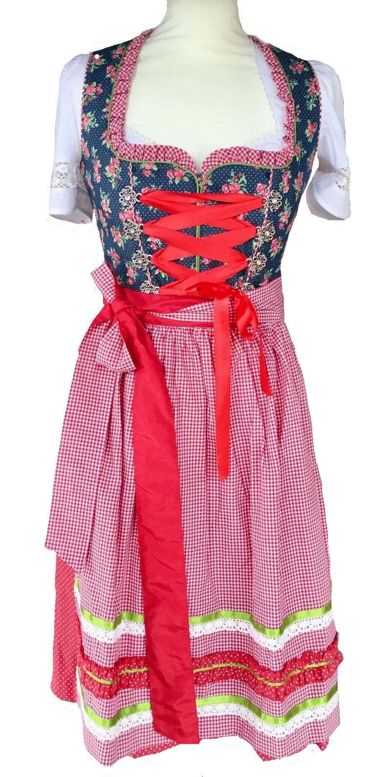 Dirndl Fuchs Trachten, rot, blau, kariert, Midi 60 cm