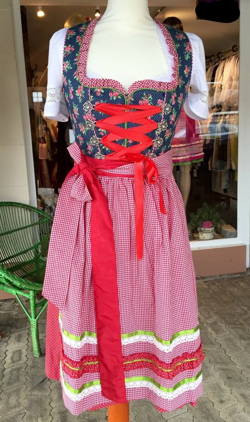 Dirndl Fuchs Trachten, rot, blau, kariert, Midi 60 cm