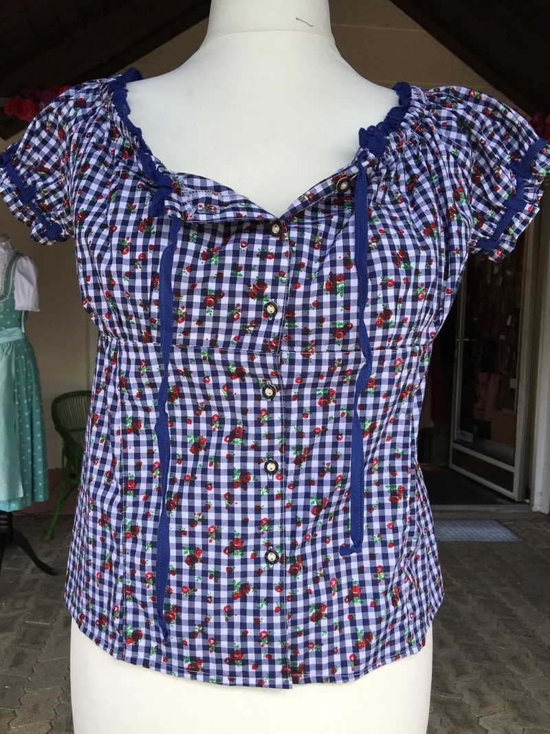 Trachten Bluse, Trachtenbluse, Fuchs, blau kariert