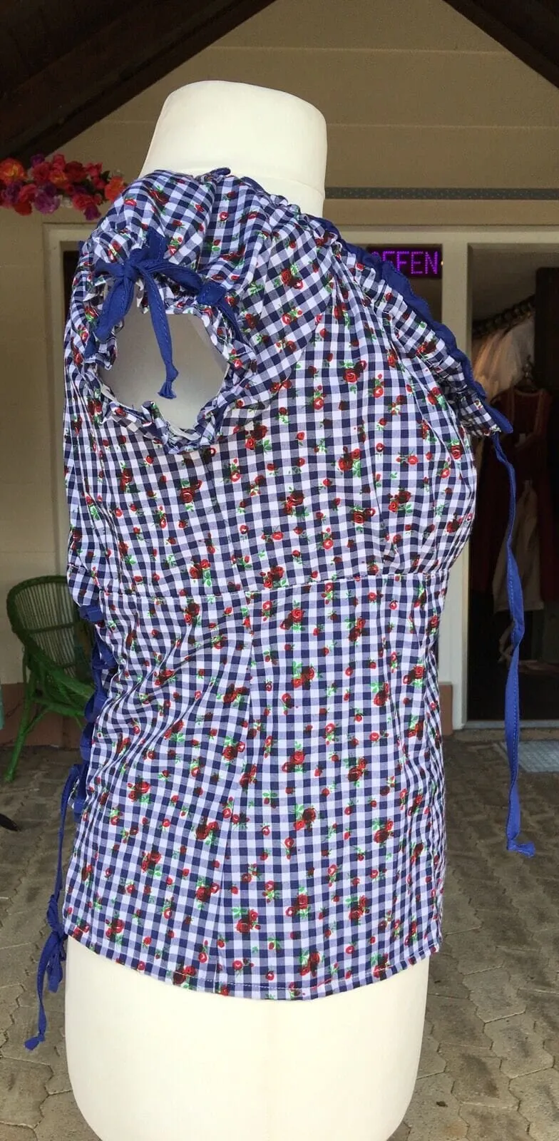 Trachten Bluse, Trachtenbluse, Fuchs, blau kariert