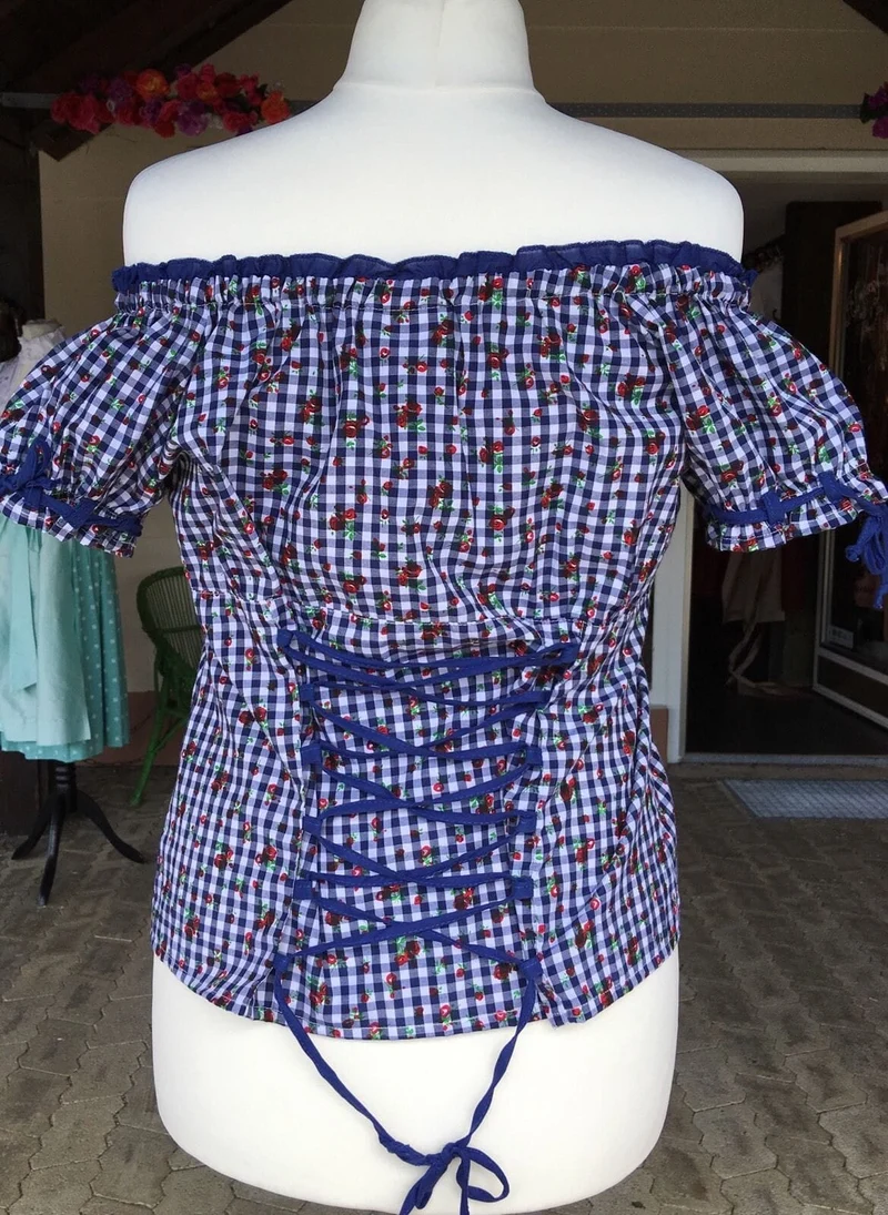 Trachten Bluse, Trachtenbluse, Fuchs, blau kariert