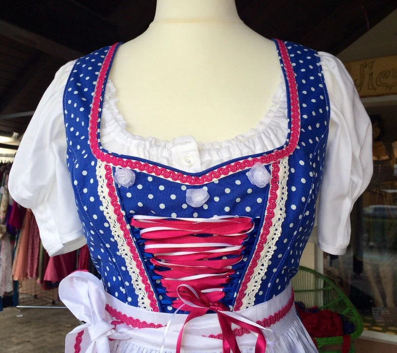 Dirndl Fuchs Trachten, Druckschürze, Blau, Midi 60 cm
