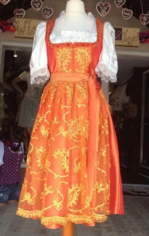 Dirndl Rose, Orange, Perlen, Midi 70 cm Glitzer