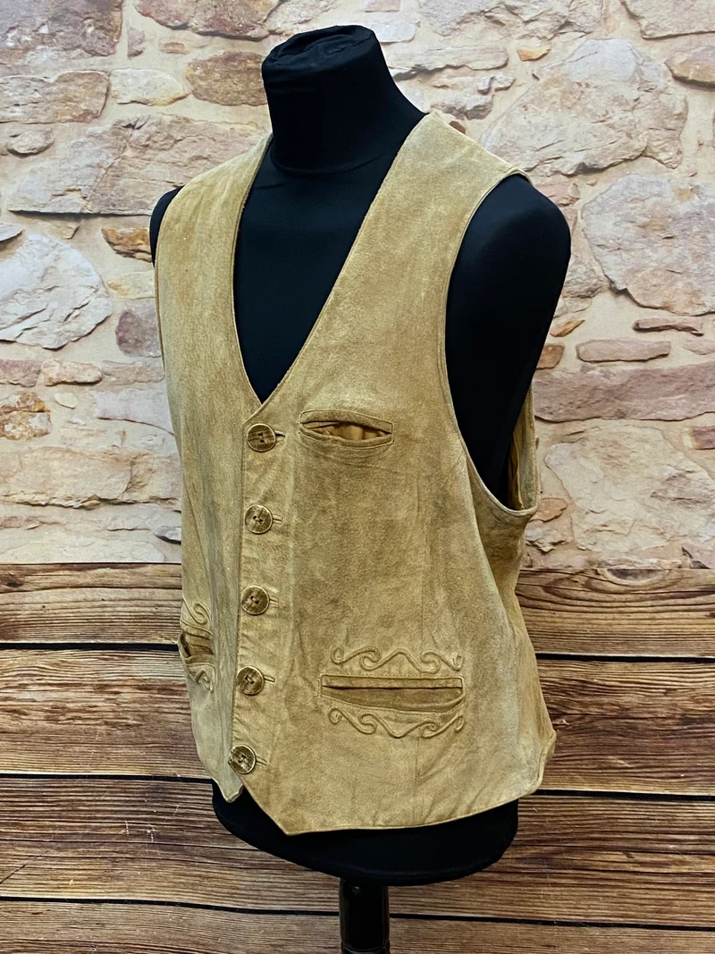 Vintage Trachtenweste Leder Hellbraun – Gr. 52