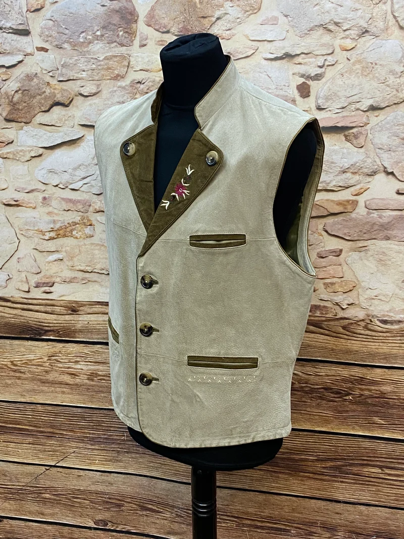 Vintage Trachtenweste Leder Beige mit Stickerei – Gr. 52