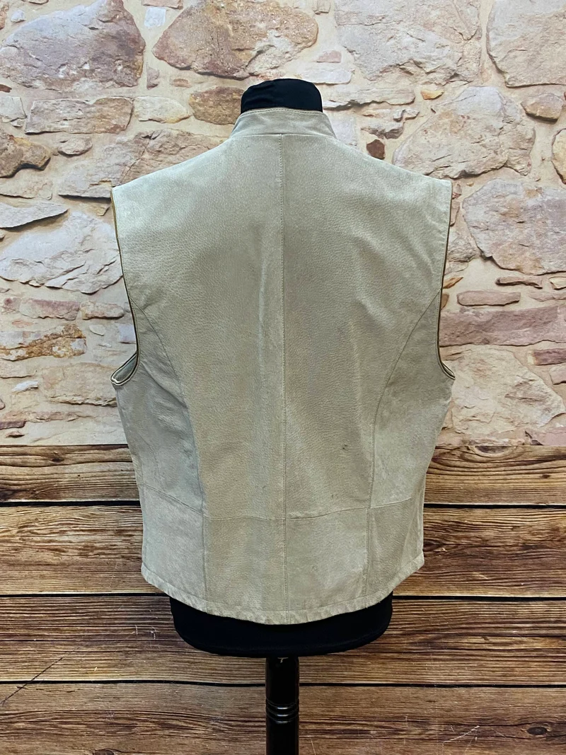 Vintage Trachtenweste Leder Beige mit Stickerei – Gr. 52
