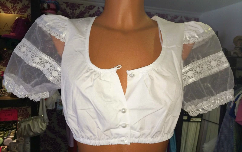 Dirndlbluse Krüger Madl, weiß, Knöpfe, transparente Puffärmel, Gr. 32