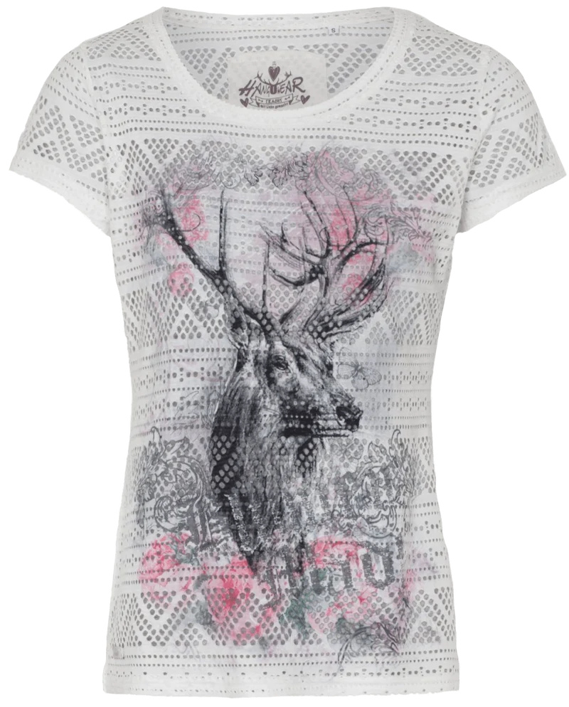 Trachtenshirt, HangOwear, Ciara, Hirsch, weiß, Lochmuster