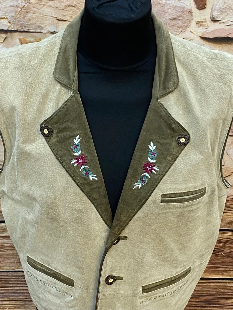 Vintage Trachtenweste Leder Beige mit Stickerei – Gr. 52