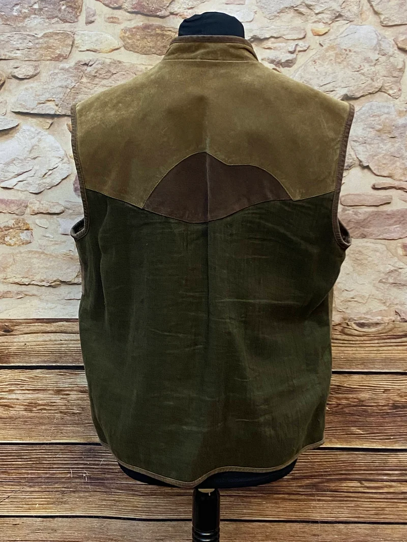 Vintage Trachtenweste Leder Braun/Grün mit Jagdmotiv Stickerei – Gr. 50