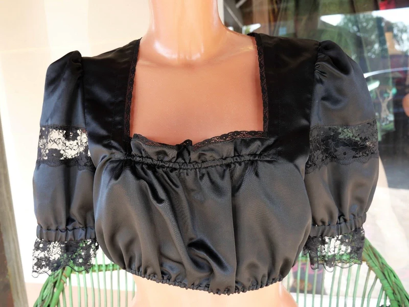 Dirndlbluse Rose Blusen, schwarz, Satin, halbarm, Spitze