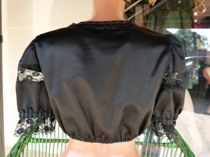 Dirndlbluse Rose Blusen, schwarz, Satin, halbarm, Spitze