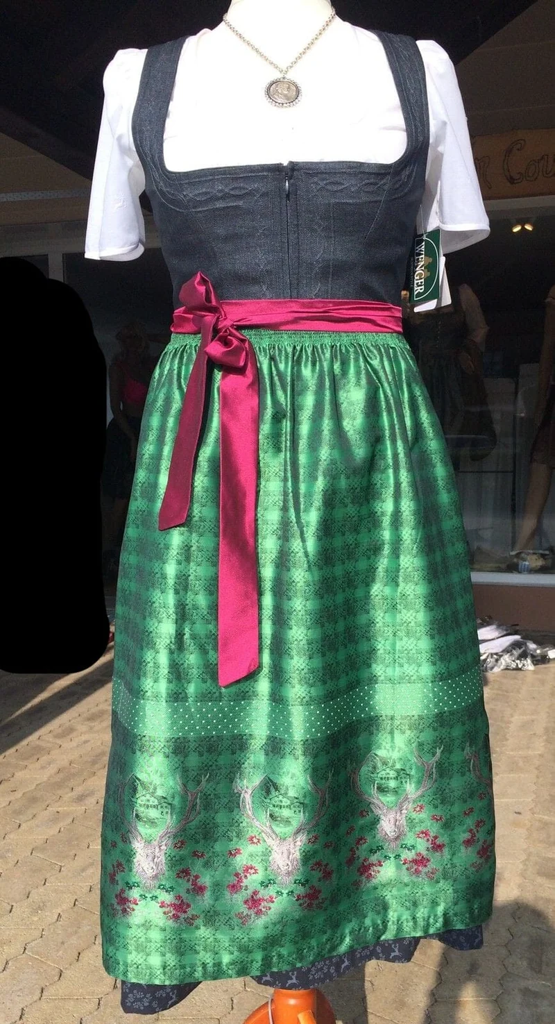 Dirndl Wenger, grau, grün, Hirsch, Maxi 80 cm