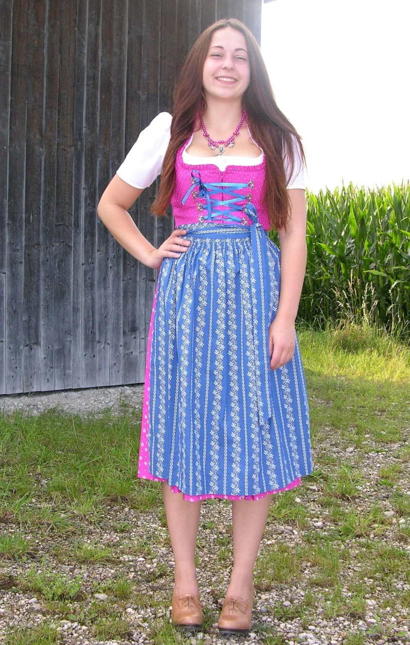 Dirndl Wenger pink, blau, Schneewittchen Midi 70 cm, Gr. 44
