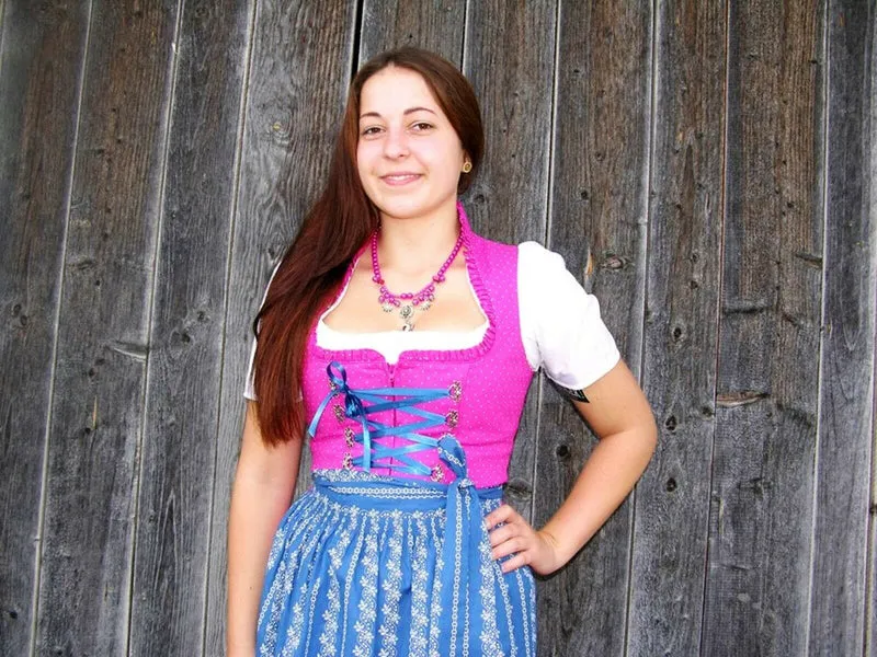 Dirndl Wenger pink, blau, Schneewittchen Midi 70 cm, Gr. 44