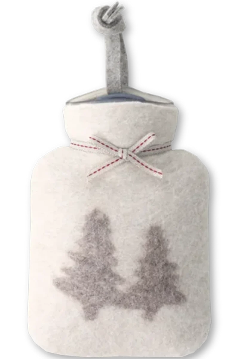 Mini-Wärmflasche mit winterlichen Tannenbäumen - hellgrau meliert