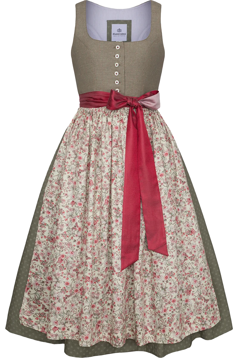 Langes Dirndl mit Leinen und Perlmuttknöpfen
