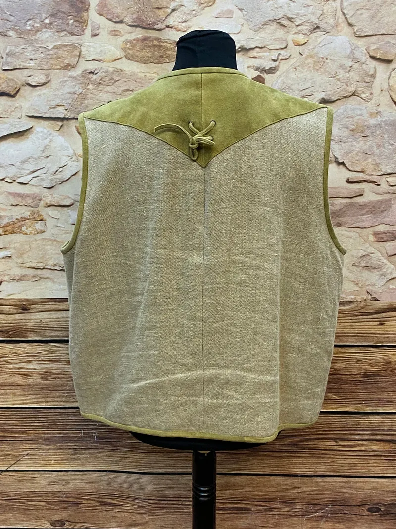 Trachtenweste Leinen Leder grün beige Vintage mit Stickerei