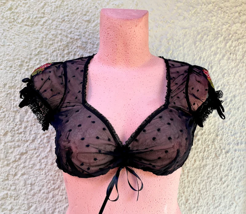 Dirndlbluse Sportalm, Mabel, schwarz, kurzarm, Zugband, Stickerei, Gr 42