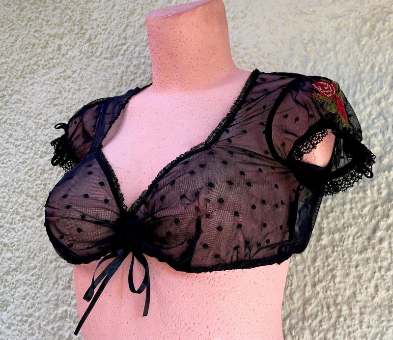 Dirndlbluse Sportalm, Mabel, schwarz, kurzarm, Zugband, Stickerei, Gr 42