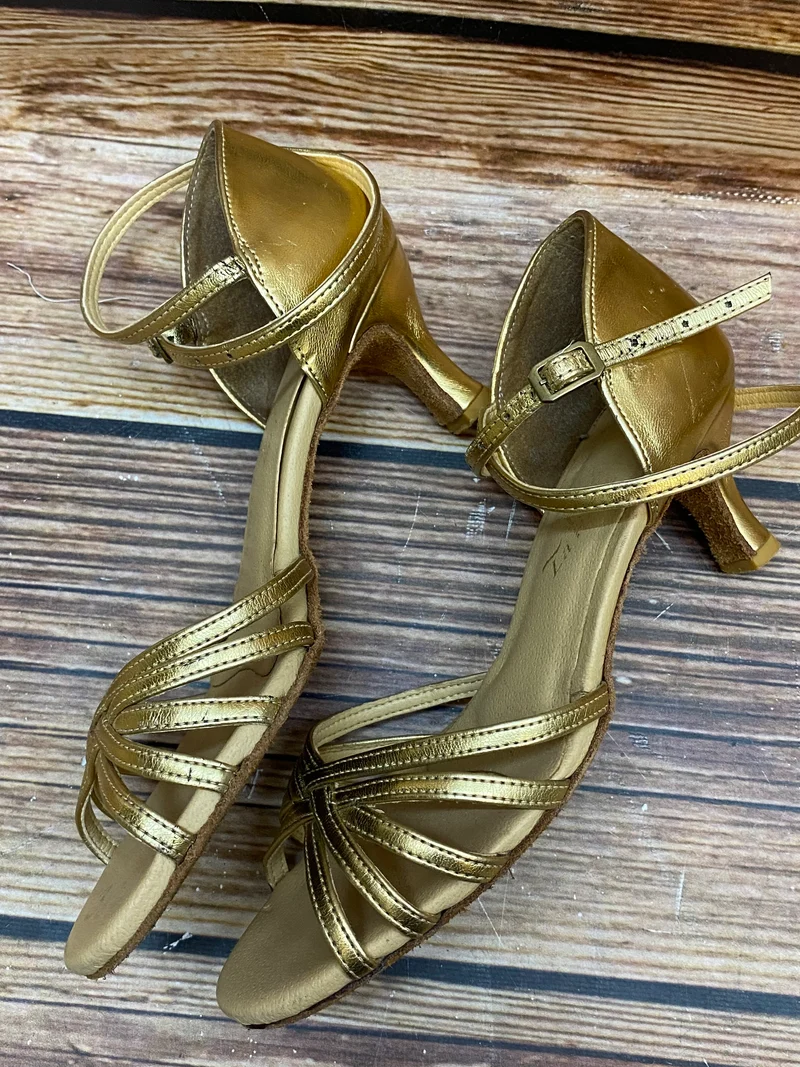 Vintage Goldene Tanzsandalen Damen – Gr. 38 Riemchen