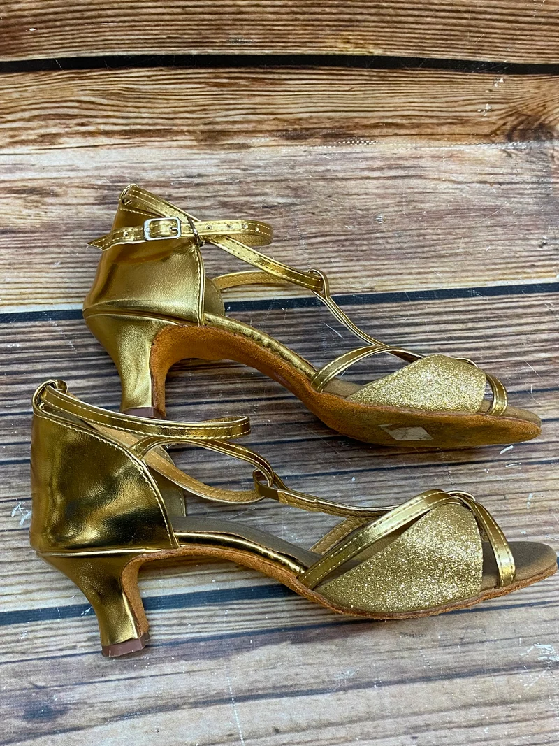 Vintage Goldene Tanzschuhe Damen – Gr. 39 Glitzer Riemchen