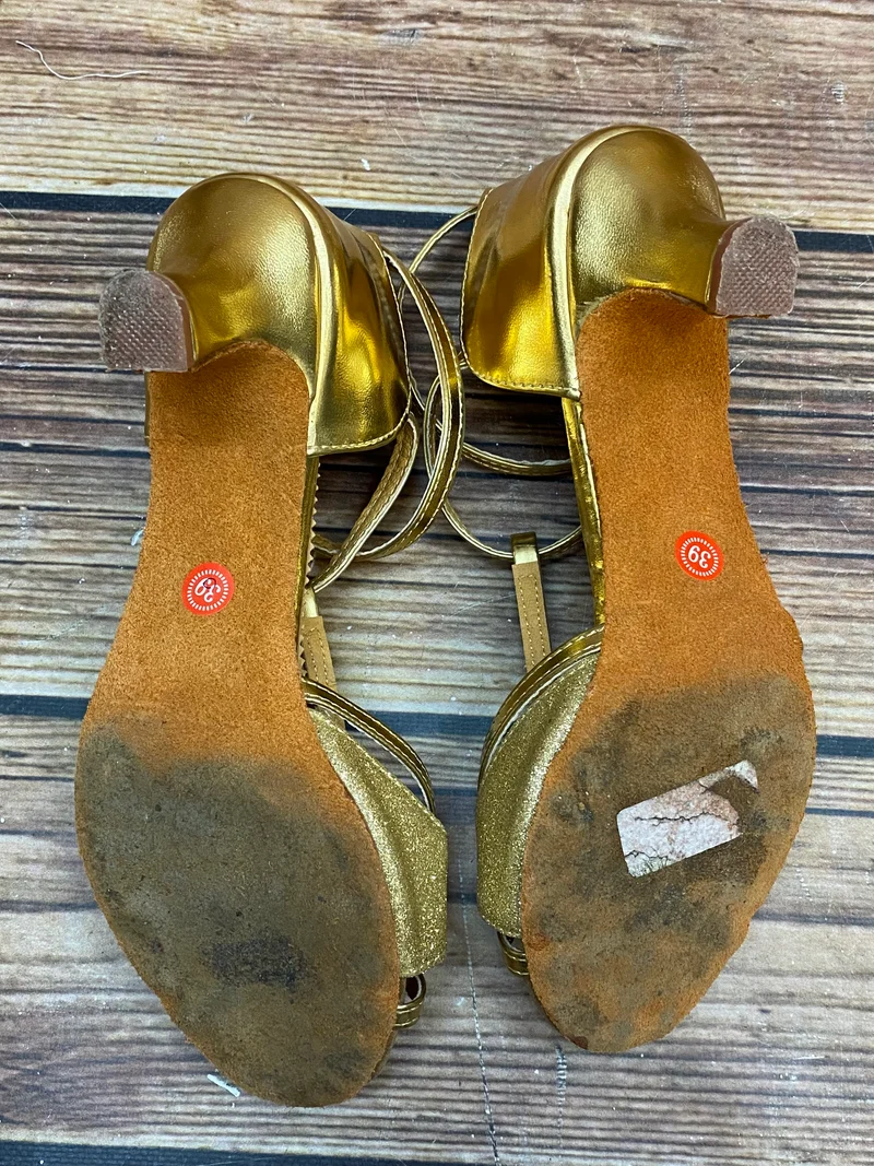 Vintage Goldene Tanzschuhe Damen – Gr. 39 Glitzer Riemchen