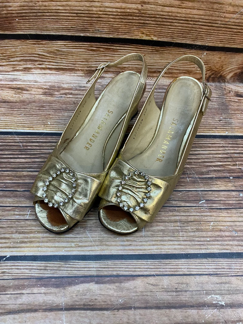 Vintage Slingback Pumps Gold Salamander Gr. 36 – elegante Abendschuhe Peep Toe