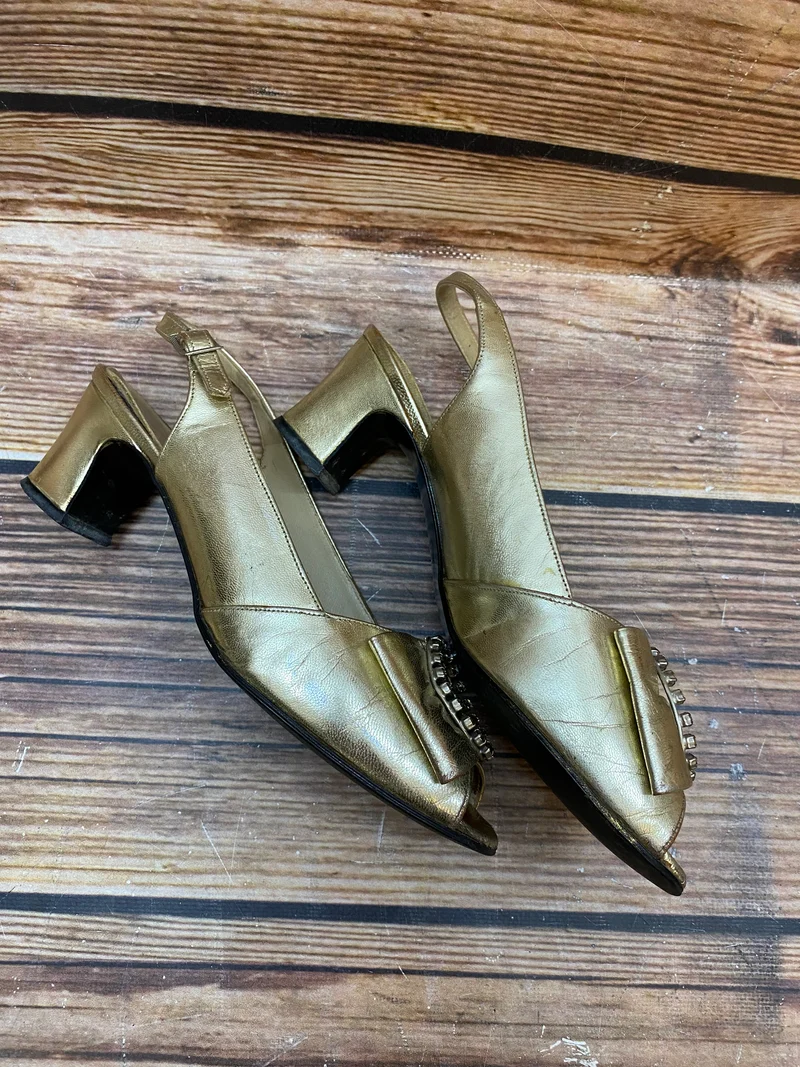 Vintage Slingback Pumps Gold Salamander Gr. 36 – elegante Abendschuhe Peep Toe