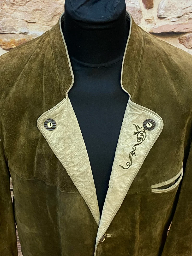 Trachtenjacke Herren Leder oliv-braun Vintage mit Stickerei